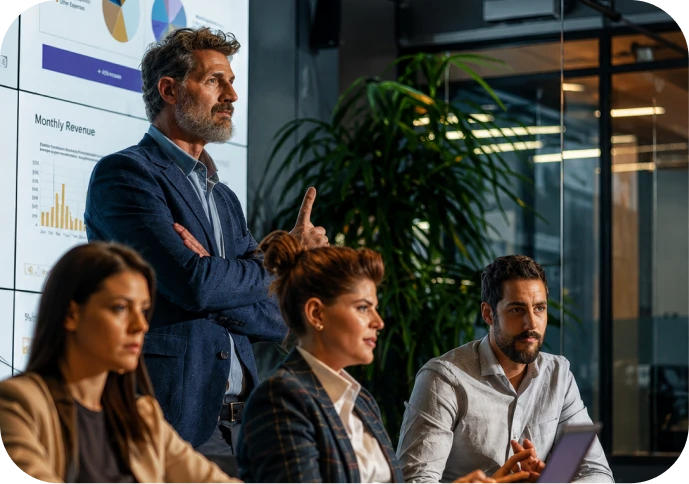 Empresários reunidos em um ambiente de liderança e desenvolvimento